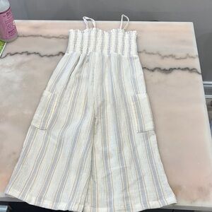 LC Lauren Conrad Cream and Blue Striped Jumpsuit